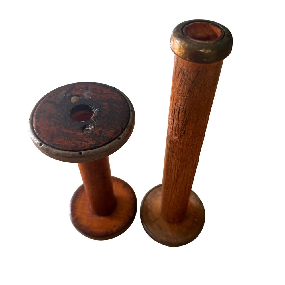 Industrial Decor Wood Textile Mill Bobbins Pair 7 9in Metal Ends Candle Holders